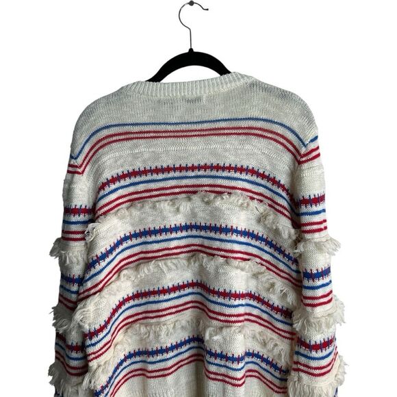 English Factory Striped Fringe Sweater Size M Cream Red Blue 4th of July Patriot - Picture 8 of 9